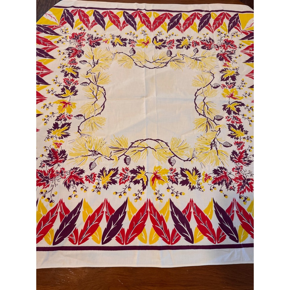 Vintage Style Fall Botanical Square Tablecloth Pinecone Leaf Red Yellow Purple